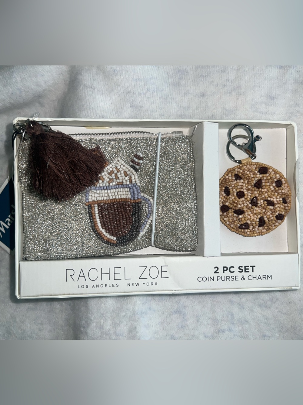 ✅Rachel Zoe Silver Beaded Coin Purse with Brown Tassel & Cookie Charm